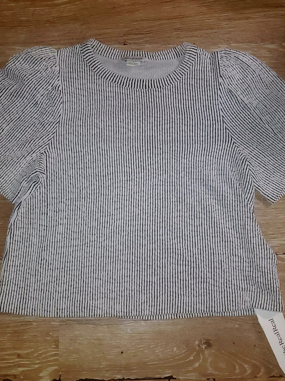 Club Monaco White Textured Crewneck Puff Sleeve Top with Black Pinstripes